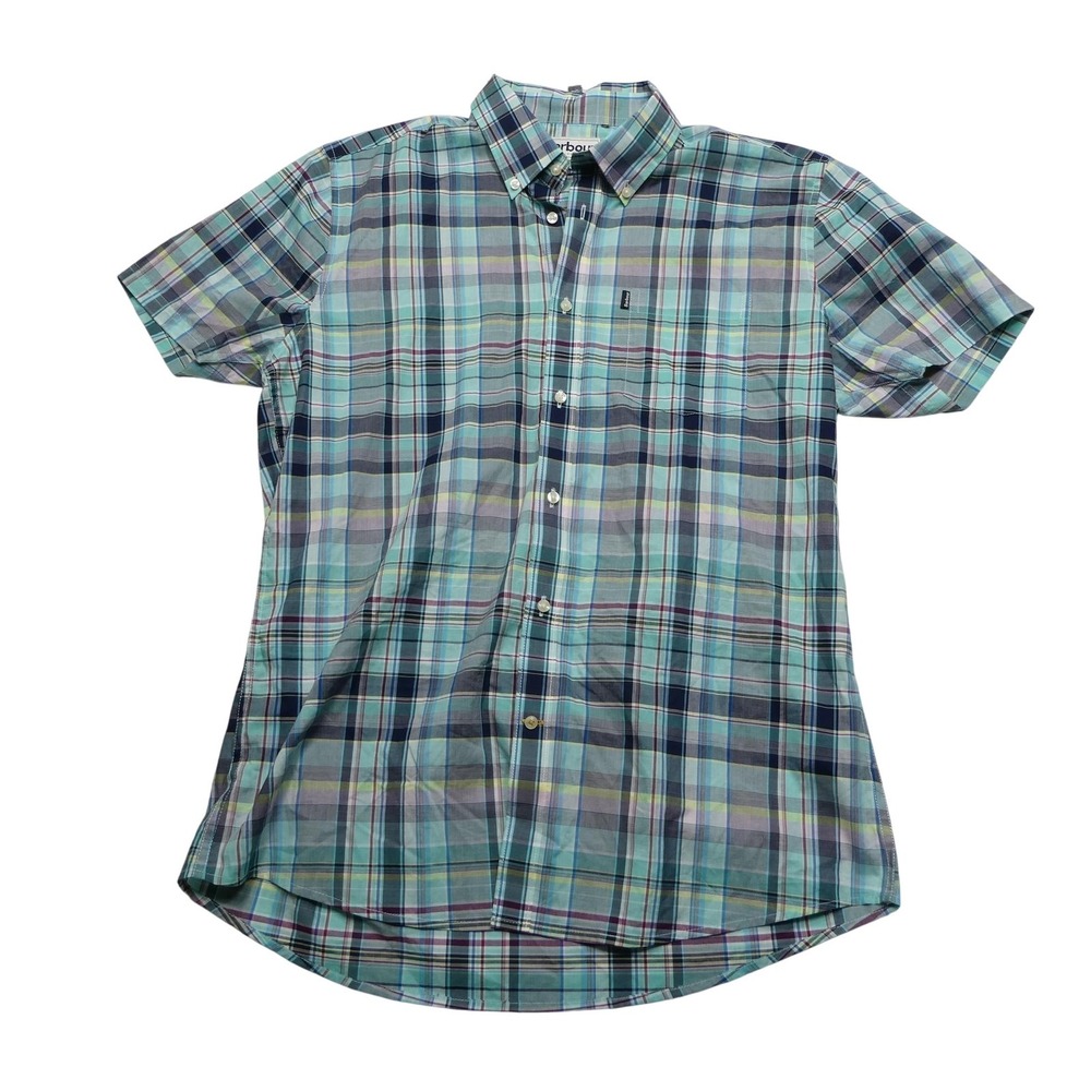 Barbour Plaid Shirt Mens Medium Green Blue Tailored Fit Button Down Casual